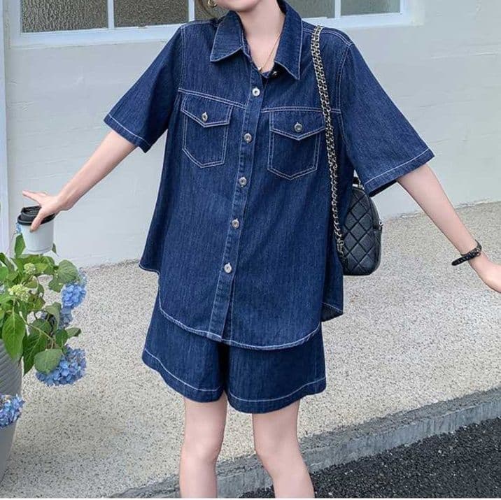デニムセットアップ ネイビー半袖シャツ&ショートパンツ 小柄さん向け 大人可愛いゆったり夏向け上下セット