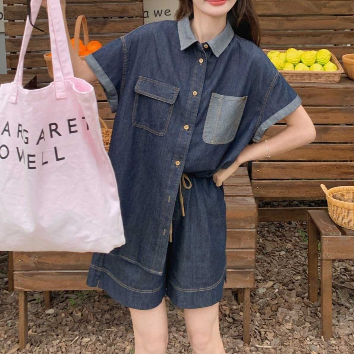 デニムセットアップ カラー切替半袖シャツ&ショートパンツ ゆる可愛い垢抜けカジュアル2点セット