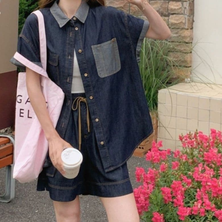 デニムセットアップ カラー切替半袖シャツ&ショートパンツ ゆる可愛い垢抜けカジュアル2点セット