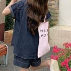 デニムセットアップ カラー切替半袖シャツ&ショートパンツ ゆる可愛い垢抜けカジュアル2点セット