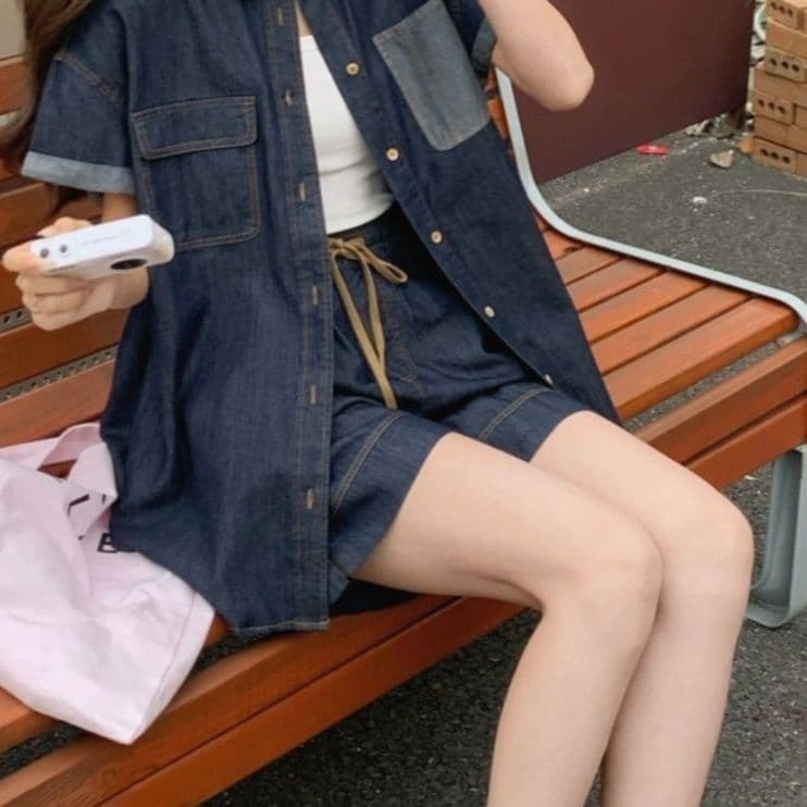 デニムセットアップ カラー切替半袖シャツ&ショートパンツ ゆる可愛い垢抜けカジュアル2点セット