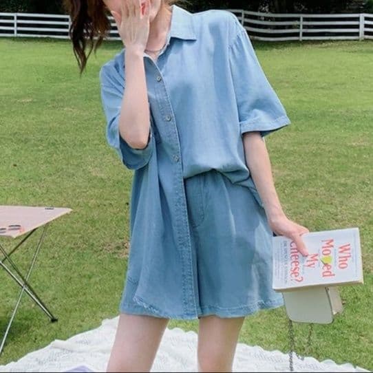 デニムセットアップ ゆったり半袖デニムシャツ&ショートパンツ 夏のゆるかわドーパミンコーデセット