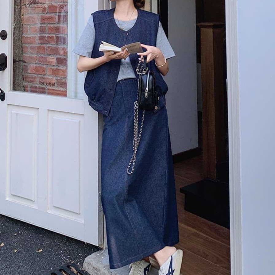 デニムセットアップ ノーカラーベスト・Tシャツ・ロングスカート 上品垢抜け きれいめカジュアル3点セット