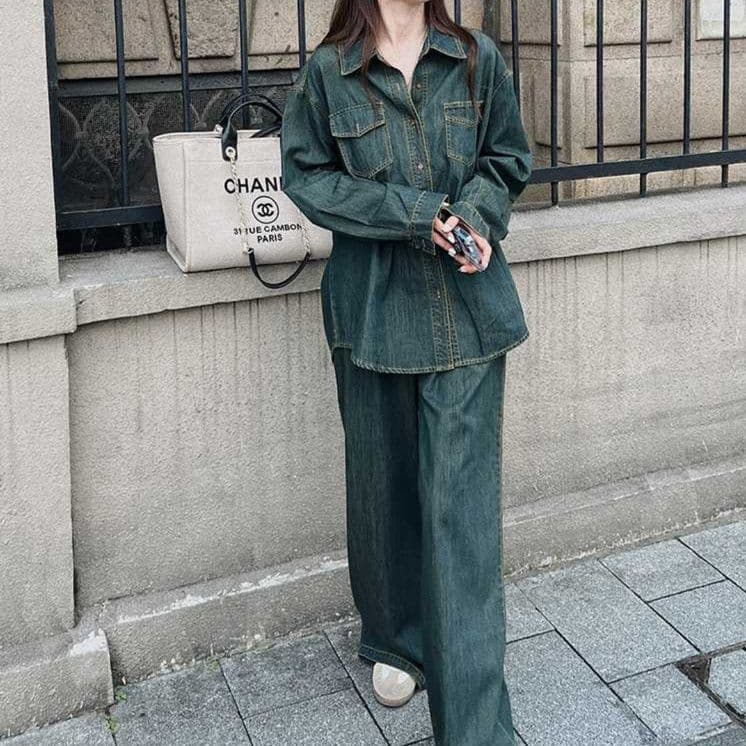 デニムセットアップ ゆるシルエット長袖シャツ・ワイドレッグパンツ 香港レトロ風ツーピースセット