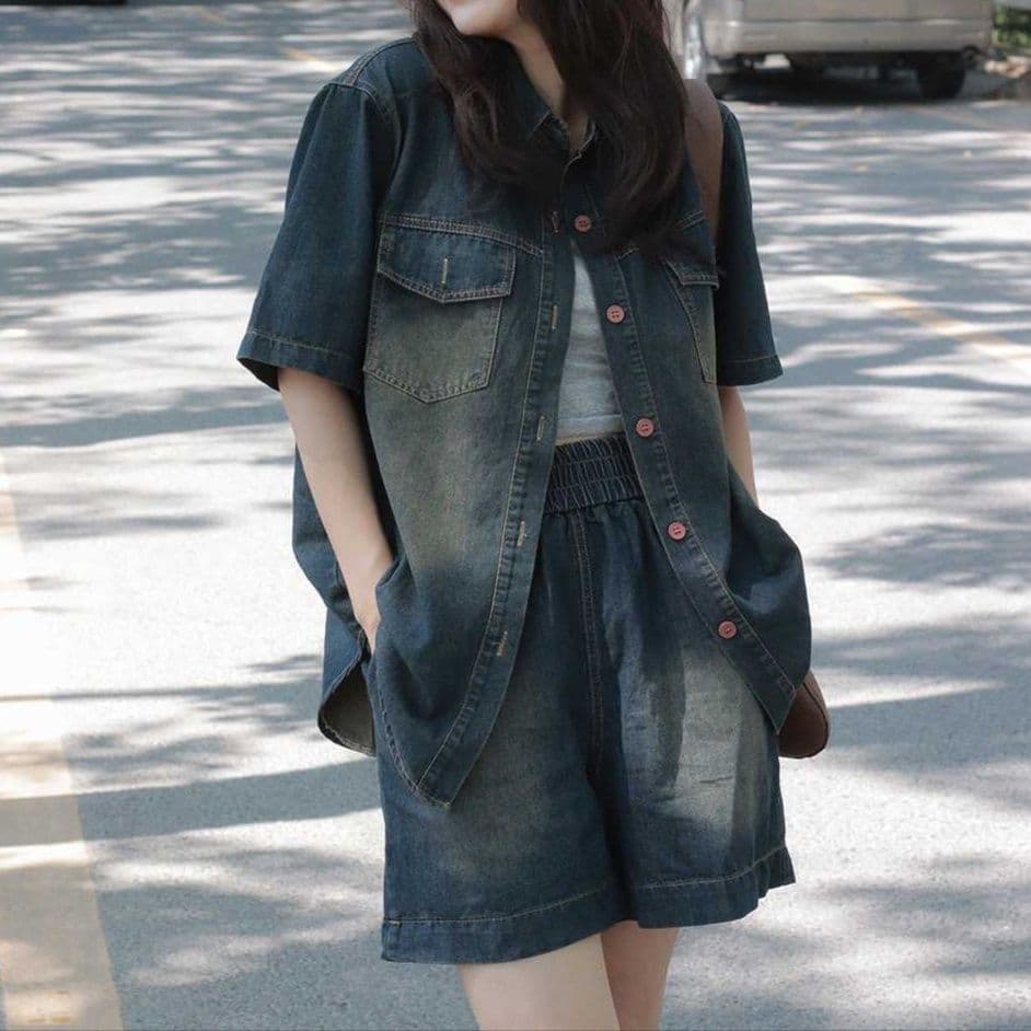 デニムセットアップ ヴィンテージ風半袖シャツ&ウエストゴムショートパンツ 夏向けゆるカジュアルセット