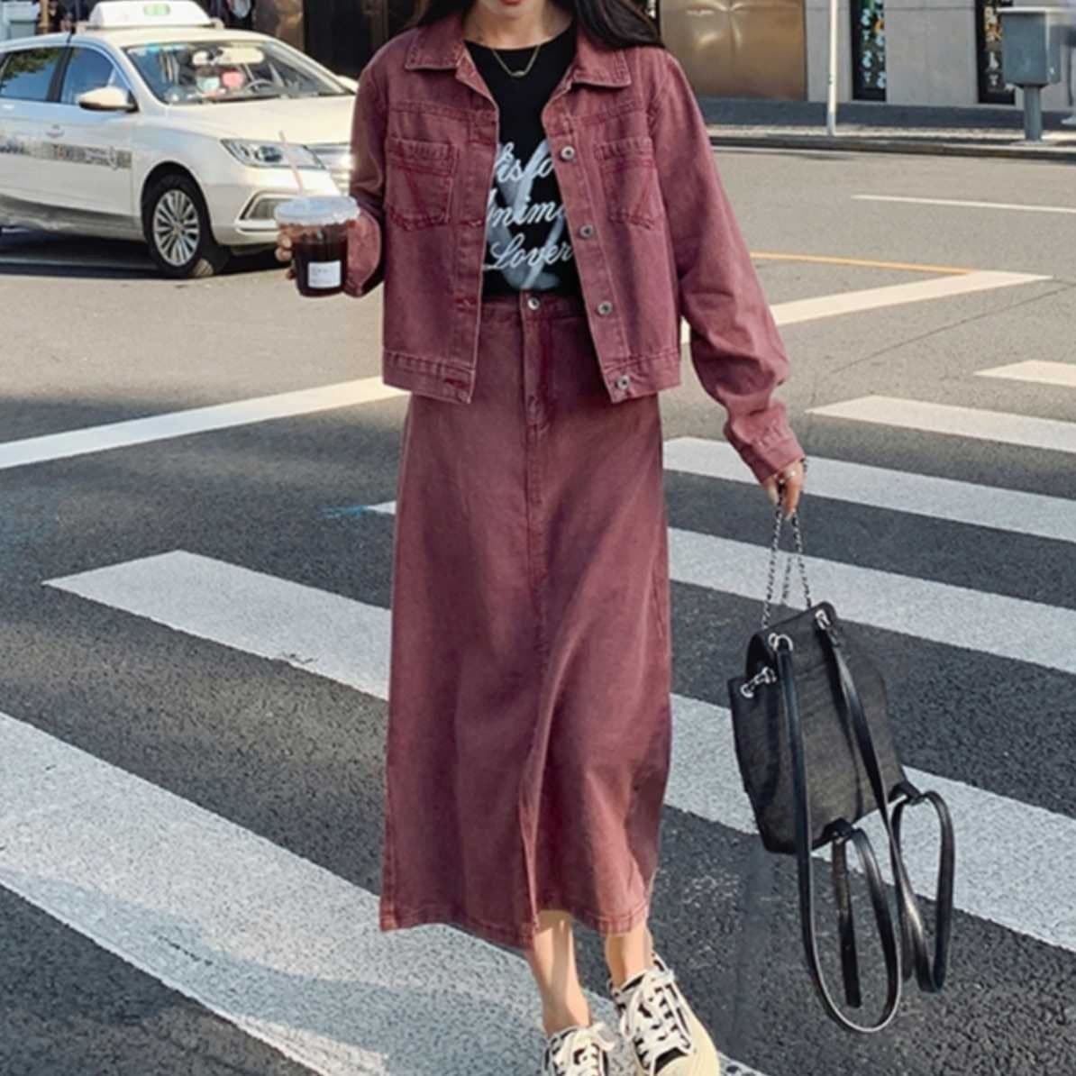 デニムセットアップ クラシカルジャケット×ストレートミディスカート レトロモダンなダスティピンク2点セット
