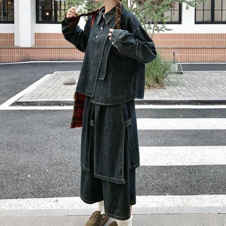 デニムセットアップ 個性派長袖シャツ&七分丈ワイドパンツ レトロモダンなフェミカジセットアップ