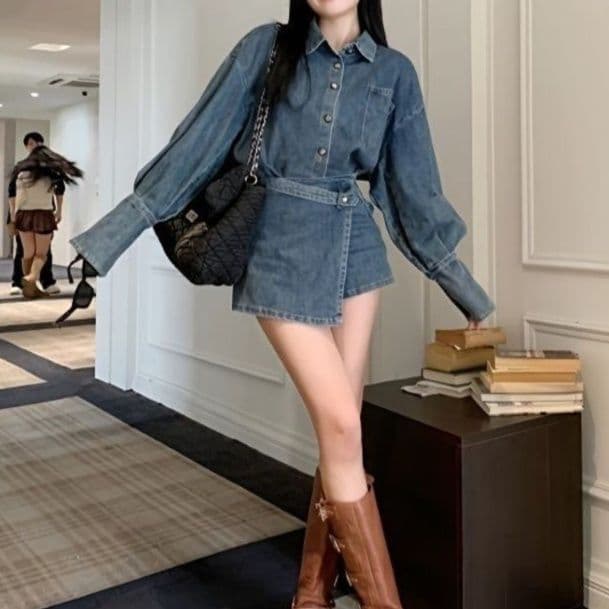 デニムセットアップ ゆったり長袖シャツ×ラップデザインスカパン 人とかぶらないレトロカジュアル2点セット