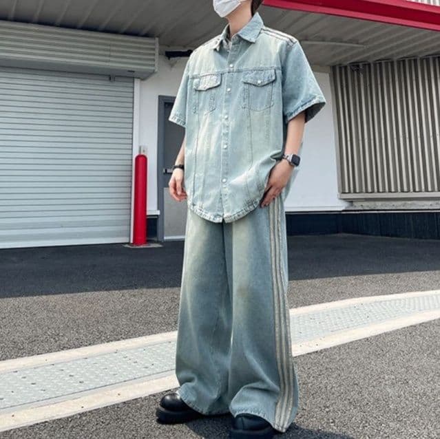 ウォッシュ加工半袖シャツ×ワイドパンツ メンズ向け ストライプ入りデニムセットアップ