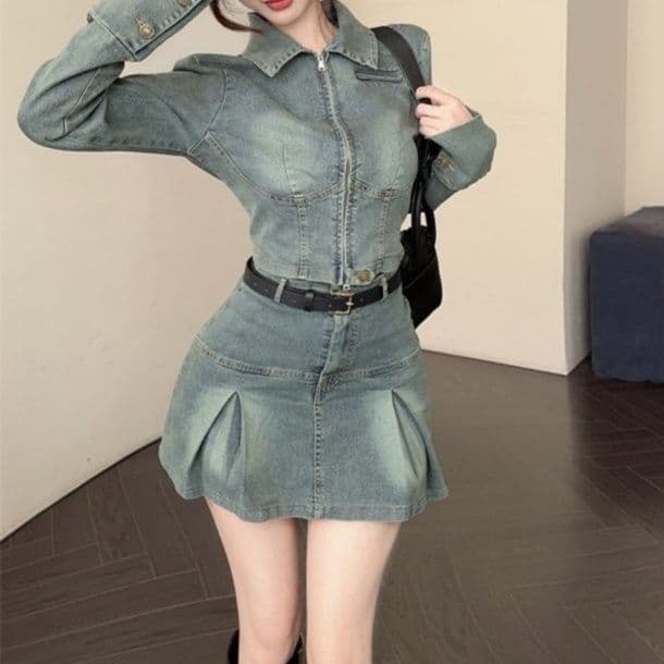 デニムセットアップ ショート丈ジャケット&プリーツミニスカート 小柄さん向け クールギャル系2点セット