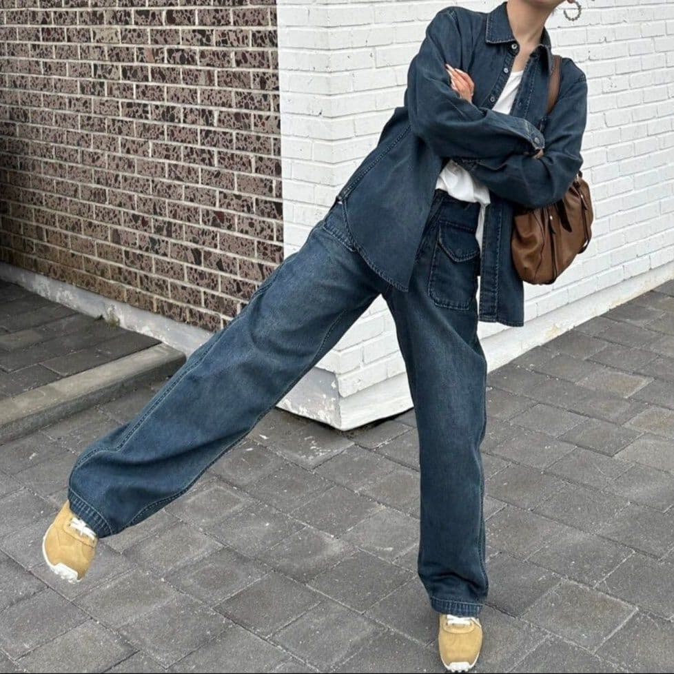 ゆったり長袖シャツ&デニムロングパンツ 着回し抜群 大人カジュアルセットアップ(上下別売り)