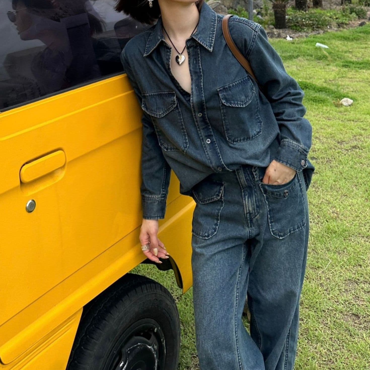ゆったり長袖シャツ&デニムロングパンツ 着回し抜群 大人カジュアルセットアップ(上下別売り)