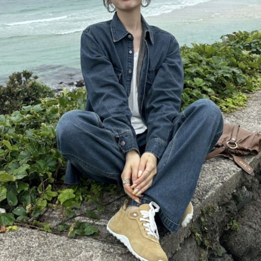 ゆったり長袖シャツ&デニムロングパンツ 着回し抜群 大人カジュアルセットアップ(上下別売り)