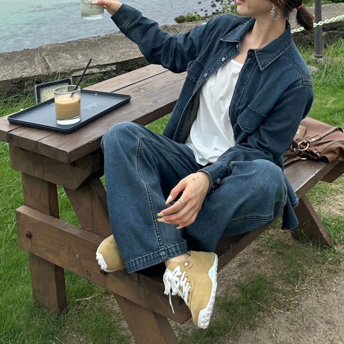 ゆったり長袖シャツ&デニムロングパンツ 着回し抜群 大人カジュアルセットアップ(上下別売り)