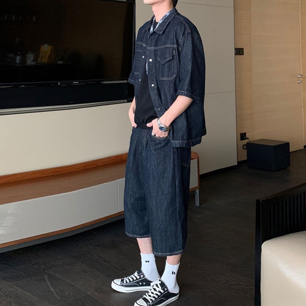 ゆったり半袖デニムシャツ×ワイドハーフパンツ クールカジュアルなメンズ向けデニムセットアップ(上下別売り)