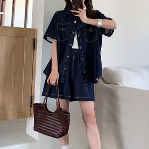 デニムセットアップ ゆったり半袖シャツ&ワイドショートパンツ 上品高見え きれいめカジュアル2点セット