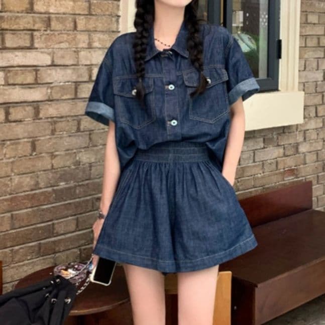 デニムセットアップ ゆったり薄手半袖シャツ&ショートパンツ 夏のレトロ塩系2点セット