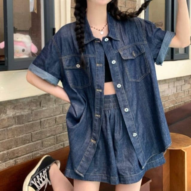 デニムセットアップ ゆったり薄手半袖シャツ&ショートパンツ 夏のレトロ塩系2点セット