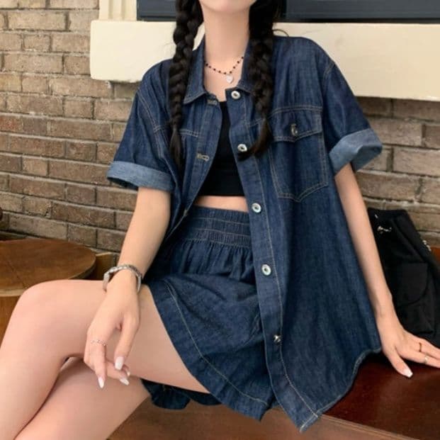 デニムセットアップ ゆったり薄手半袖シャツ&ショートパンツ 夏のレトロ塩系2点セット
