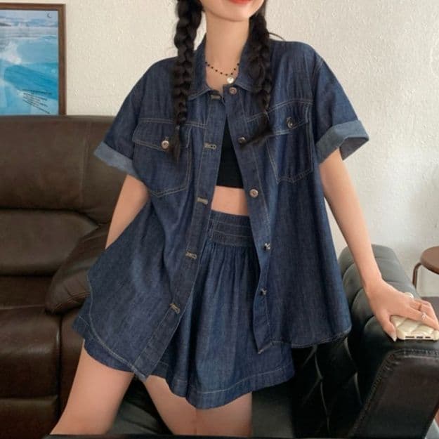 デニムセットアップ ゆったり薄手半袖シャツ&ショートパンツ 夏のレトロ塩系2点セット