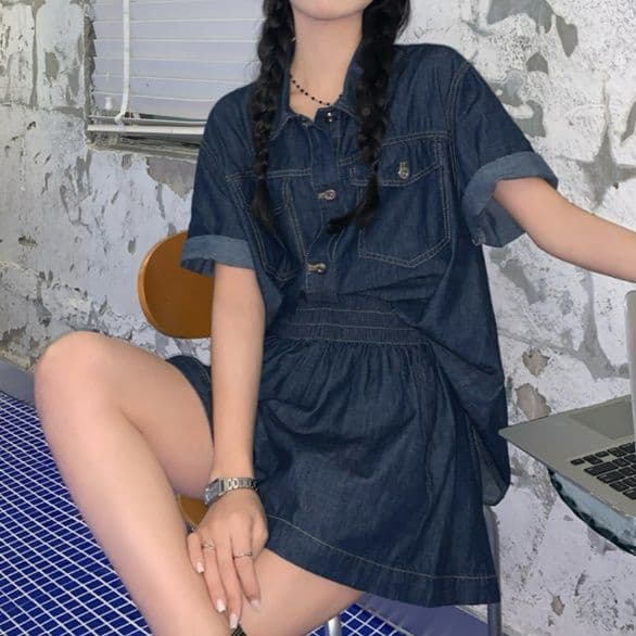 デニムセットアップ ゆったり薄手半袖シャツ&ショートパンツ 夏のレトロ塩系2点セット