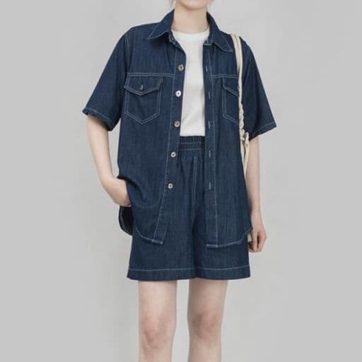 デニムセットアップ ステッチ半袖シャツ&ショートパンツ 大人かわいい万能上下セット