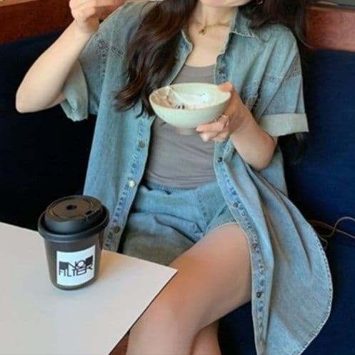 デニムセットアップ 薄手半袖シャツジャケット×ショートパンツ レトロカジュアル 夏の万能2点セット