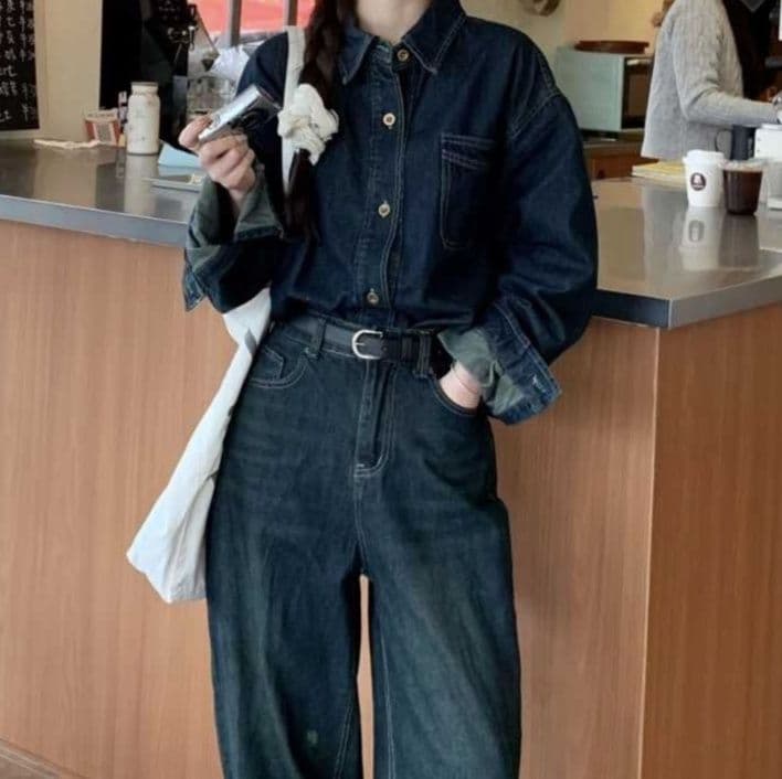 デニムセットアップ ヴィンテージ風長袖シャツ&ハイウエストワイドパンツ 大人カジュアル上下セット