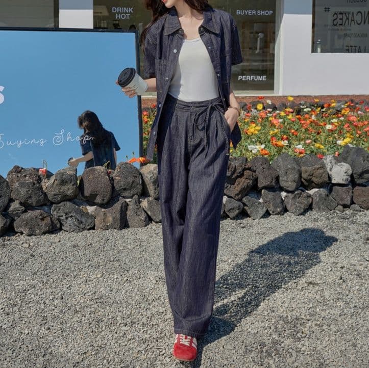 デニムセットアップ ウエストマーク半袖シャツ×ワイドパンツ 大人フェミニン ゆったり上下セット