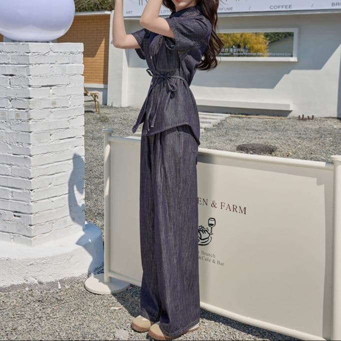 デニムセットアップ ウエストマーク半袖シャツ×ワイドパンツ 大人フェミニン ゆったり上下セット