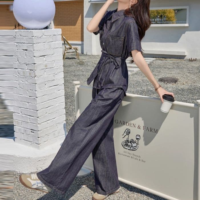 デニムセットアップ ウエストマーク半袖シャツ×ワイドパンツ 大人フェミニン ゆったり上下セット