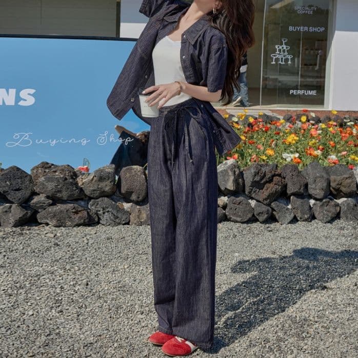 デニムセットアップ ウエストマーク半袖シャツ×ワイドパンツ 大人フェミニン ゆったり上下セット