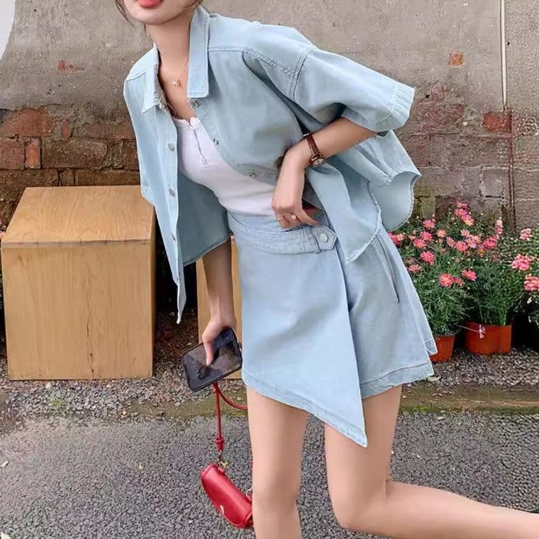 デニムセットアップ ゆったり半袖シャツ&ラップデザインスカパン 夏向けレトロフェミニン2点セット