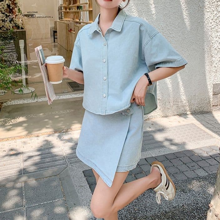 デニムセットアップ ゆったり半袖シャツ&ラップデザインスカパン 夏向けレトロフェミニン2点セット
