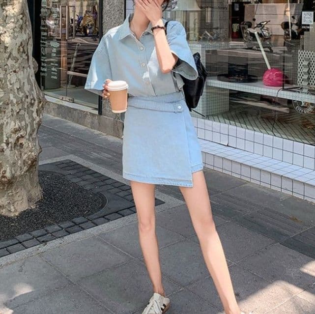 デニムセットアップ ゆったり半袖シャツ&ラップデザインスカパン 夏向けレトロフェミニン2点セット