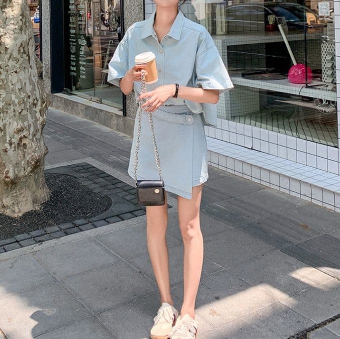 デニムセットアップ ゆったり半袖シャツ&ラップデザインスカパン 夏向けレトロフェミニン2点セット