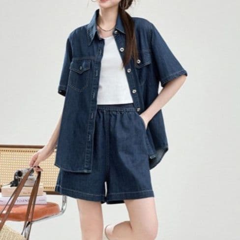 デニムセットアップ シンプル半袖シャツ+ショートパンツ きれいめカジュアル ゆったり濃紺上下セット