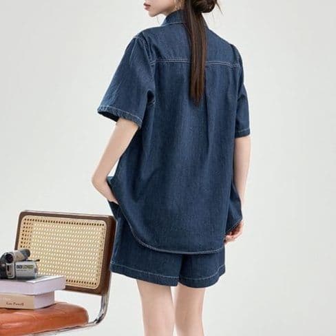 デニムセットアップ シンプル半袖シャツ+ショートパンツ きれいめカジュアル ゆったり濃紺上下セット