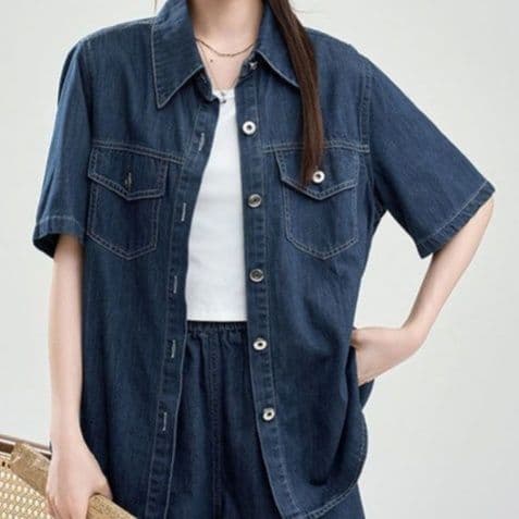 デニムセットアップ シンプル半袖シャツ+ショートパンツ きれいめカジュアル ゆったり濃紺上下セット