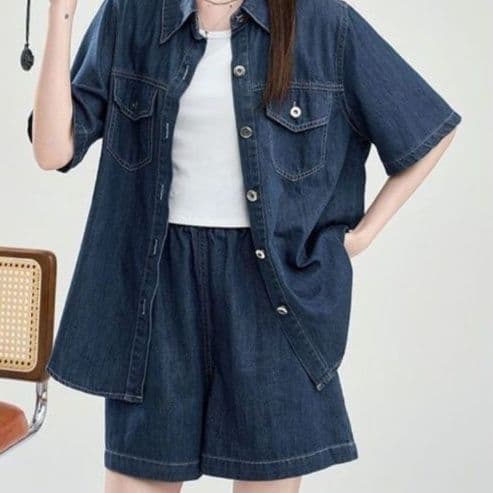 デニムセットアップ シンプル半袖シャツ+ショートパンツ きれいめカジュアル ゆったり濃紺上下セット