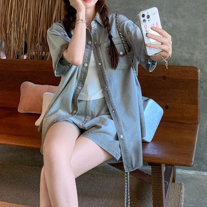 デニムセットアップ 配色切替半袖シャツ×ショートパンツ ゆるかわカジュアル上下セット