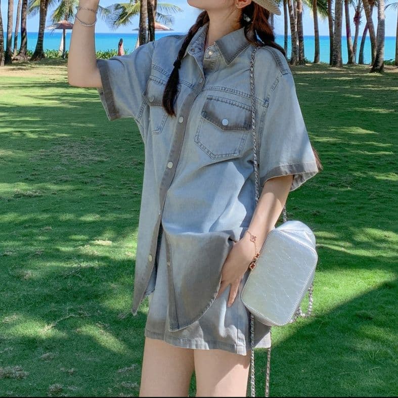 デニムセットアップ 配色切替半袖シャツ×ショートパンツ ゆるかわカジュアル上下セット