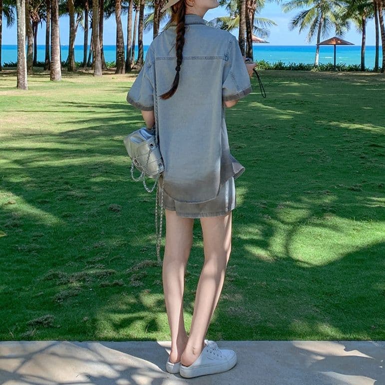 デニムセットアップ 配色切替半袖シャツ×ショートパンツ ゆるかわカジュアル上下セット
