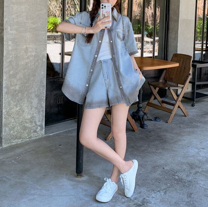 デニムセットアップ 配色切替半袖シャツ×ショートパンツ ゆるかわカジュアル上下セット