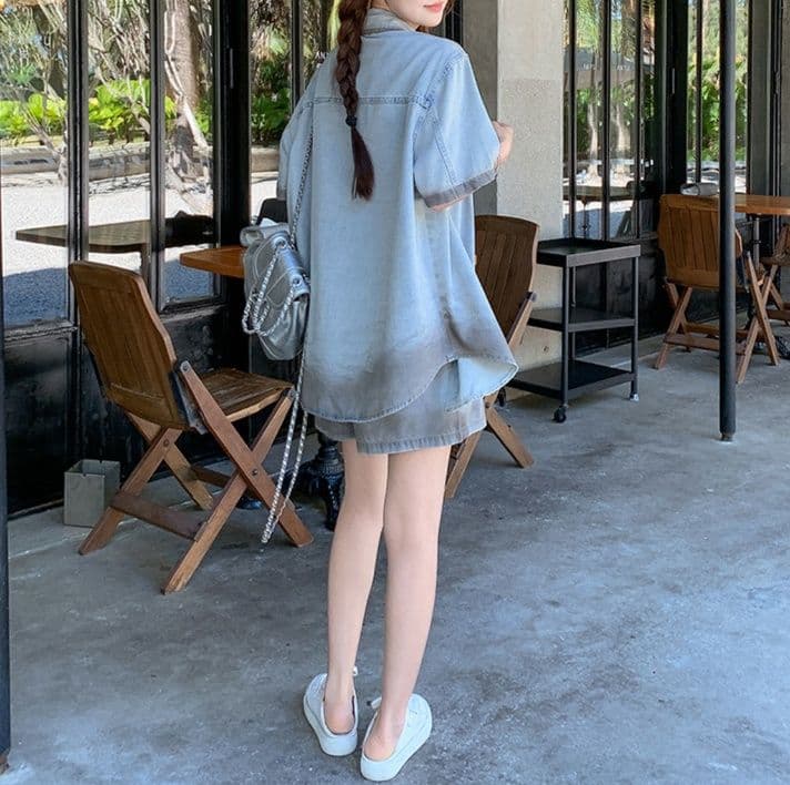 デニムセットアップ 配色切替半袖シャツ×ショートパンツ ゆるかわカジュアル上下セット