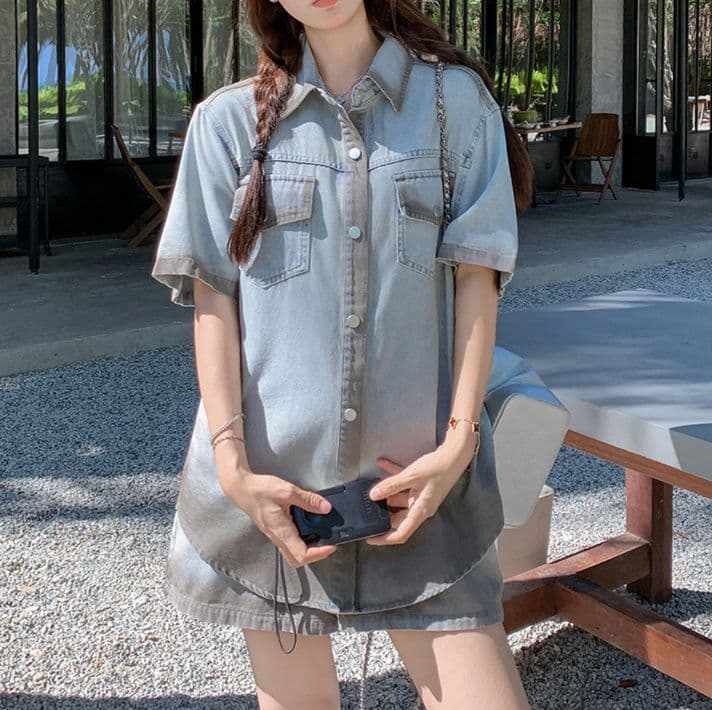 デニムセットアップ 配色切替半袖シャツ×ショートパンツ ゆるかわカジュアル上下セット