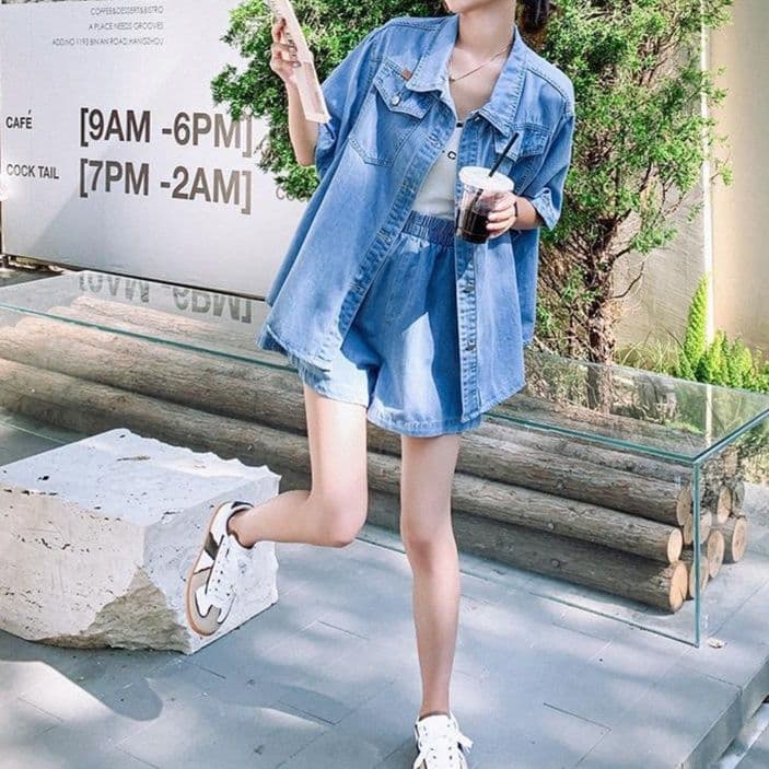 デニムセットアップ シンプル半袖シャツ×ショートパンツ フェミニンカジュアル リラックスコーデセット