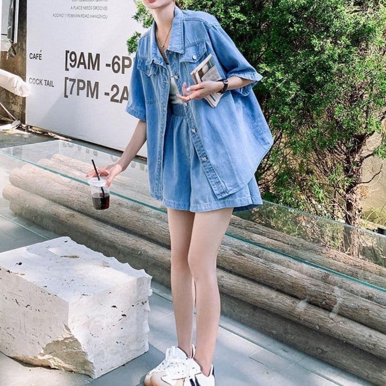 デニムセットアップ シンプル半袖シャツ×ショートパンツ フェミニンカジュアル リラックスコーデセット