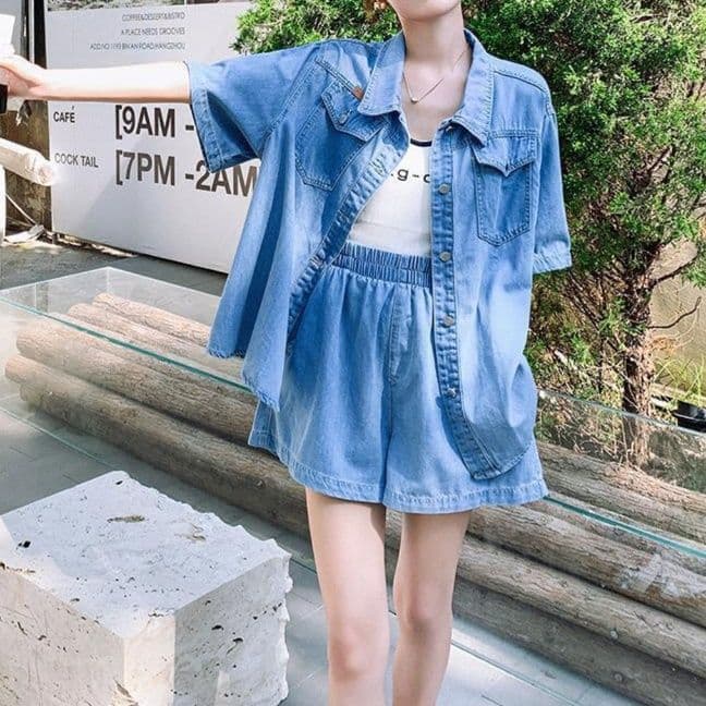 デニムセットアップ シンプル半袖シャツ×ショートパンツ フェミニンカジュアル リラックスコーデセット