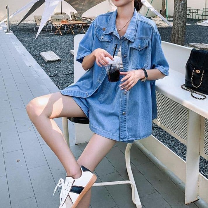 デニムセットアップ シンプル半袖シャツ×ショートパンツ フェミニンカジュアル リラックスコーデセット